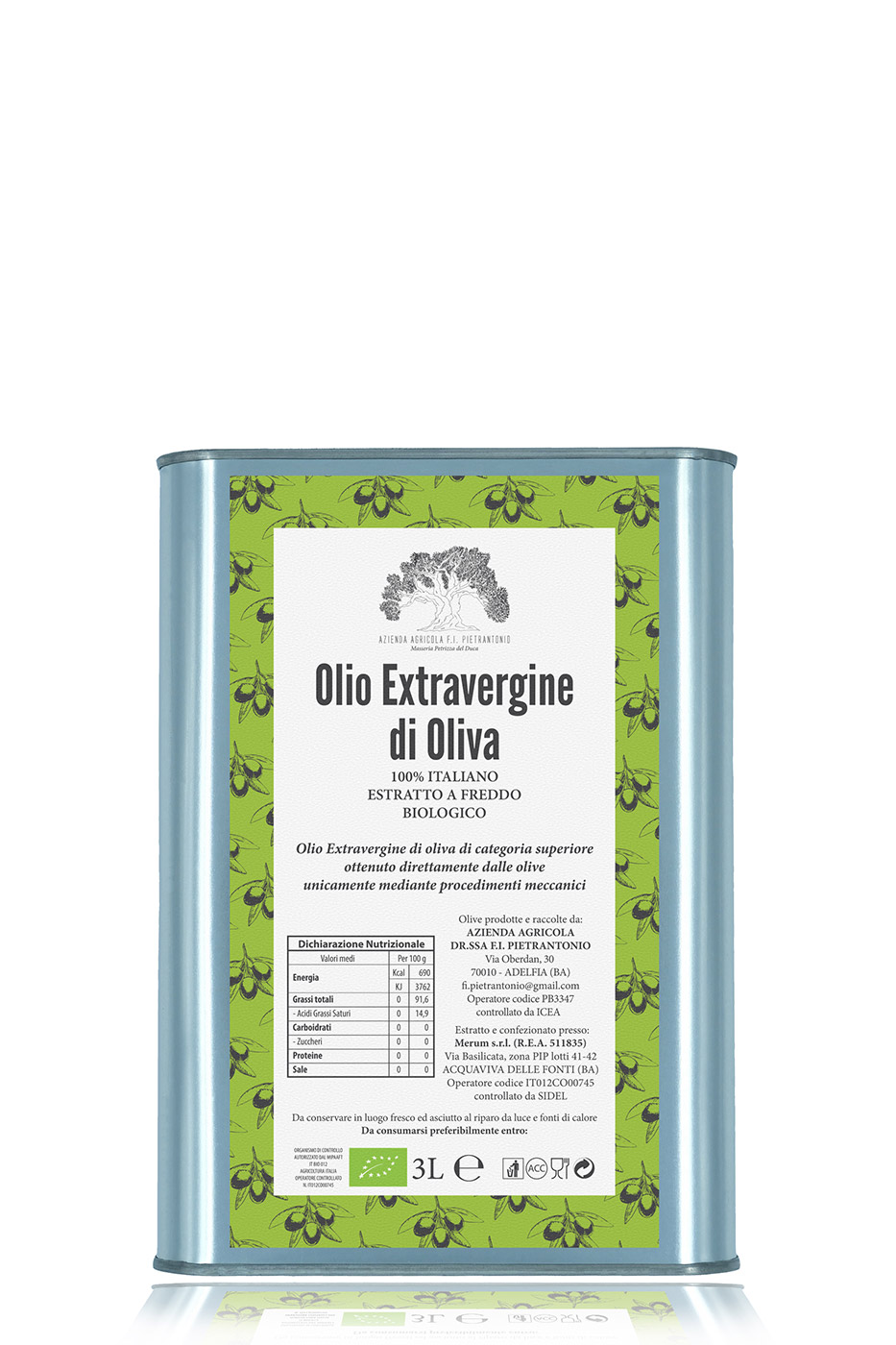 Lattina da 3 litri di olio extravergine d’oliva 100% italiano BIOLOGICO – estratto a freddo